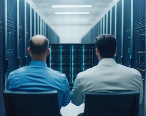Two professionals observe a data server room, highlighting technology and collaboration in data management and IT infrastructure.