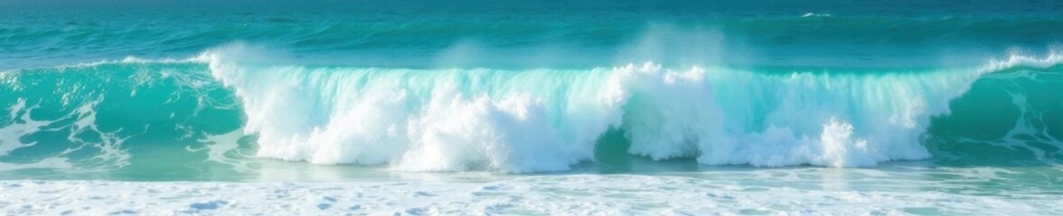 Naklejka premium Ocean waves crash on turquoise sea surface creating foamy white water, blue turquoise ocean waves, wave action