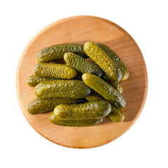 pickled cucumbers on a cutting board  isolated on a white background, top view.