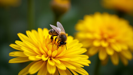 Bee Collecting Nectar from Vibrant Yellow Chrysanthemum Flowers in Autumn Garden: A Stunning Photo Stock Concept Showcasing Pollination and Nature's Cycle with Empty Space