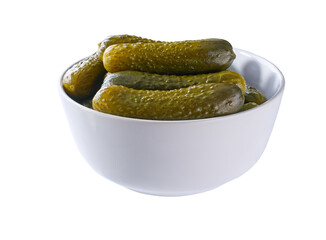 pickled cucumbers in a white bowl isolated on a white background.