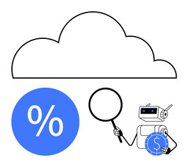 Robot with magnifying glass examining percentage symbol and dollar coin beneath a cloud outline. Ideal for financial technology, data analysis, cloud computing, economics, digital innovation