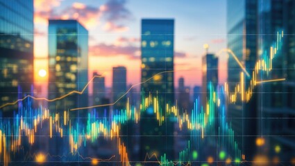 Virtual financial graph on blurred contemporary office building backdrop