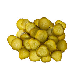 pile of chopped pickled cucumbers isolated on a white background, top view.