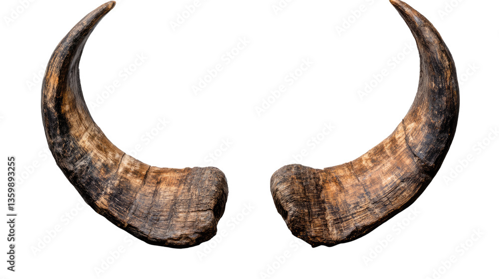 Poster ancient horns: a pair of weathered animal horns, each displaying unique textures and patterns, stand