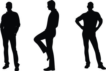 Three Black Male Silhouettes Standing, Leg Raised, Hands on Hips Isolated