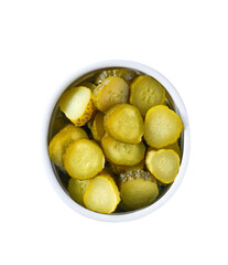 chopped pickled cucumbers in a white bowl isolated on a white background, top view.