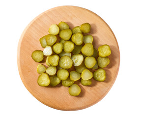 chopped pickled cucumbers on a cutting board  isolated on a white background, top view.