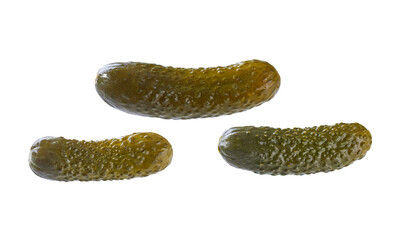 three pickled cucumbers isolated on a white background.