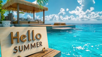 Serene tropical resort setting with "Hello SUMMER" wooden board luxurious beach cabana and crystal-clear turquoise waters under a bright blue sky.