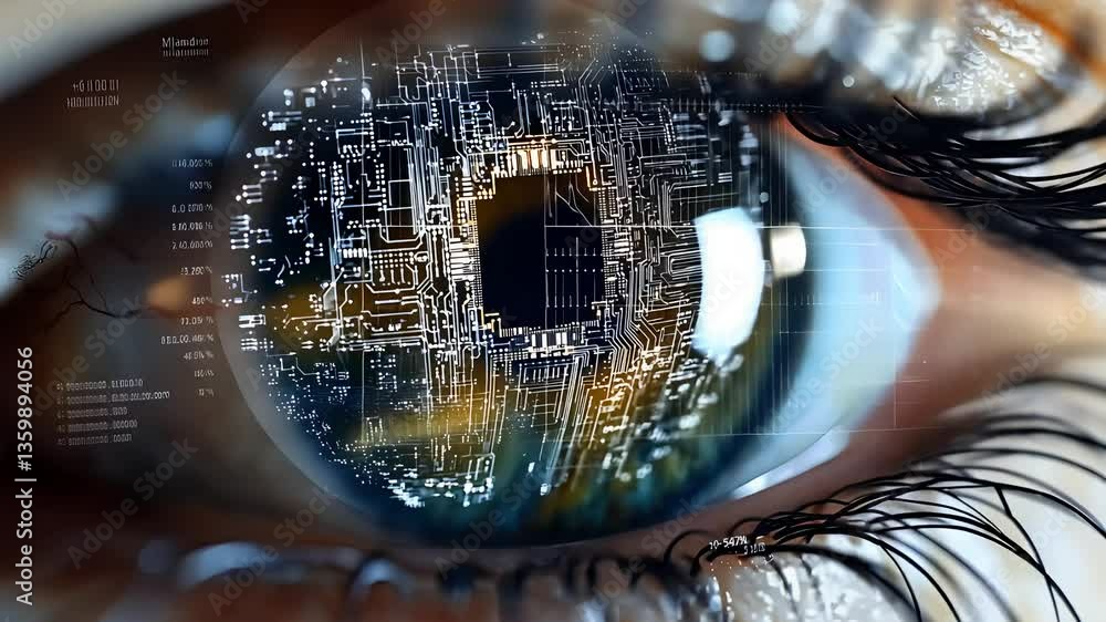 Poster futuristic eye with digital circuit pattern for tech vision projects