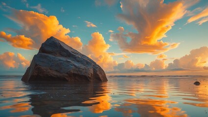 A rock on the shore within an expanse of beach, with stunning clouds reflecting in the water, an orange sky emphasized by a tight depth of field.