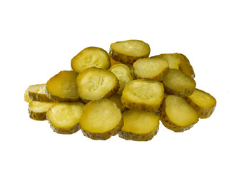 pile of chopped pickled cucumbers isolated on a white background.