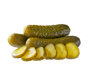 whole and chopped pickled cucumbers isolated on a white background.
