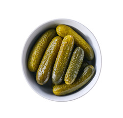 pickled cucumbers in a white bowl isolated on a white background, top view.