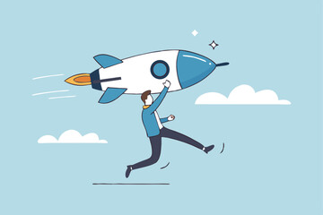 Solopreneur solo entrepreneur, working alone or startup business owner, founder or entrepreneurship, independent developer, freelancer concept, businessman entrepreneur launching company rocket alone.