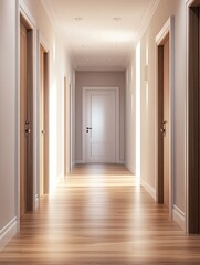 Fototapeta premium Spacious apartment hallway with ample natural light, empty room, and wooden flooring. Concept Apartment Interiors, Natural Light, Empty Rooms, Wooden Flooring, Spacious Hallways