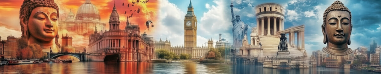 Obraz premium A dreamlike or painting collage banner of famous travel destinations from around the world.