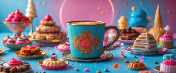 Turkish Coffee amidst Colorful Candy and Chocolate, Traditional Desserts, Delight and Baklava Image