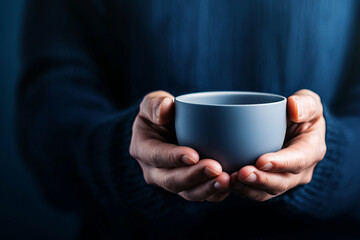 person holding simple gray bowl with both hands, conveying sense of calm and mindfulness in cozy atmosphere