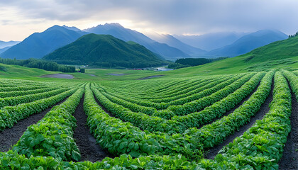 Naklejka premium Rolling green hills farmland, mountain backdrop, sunset