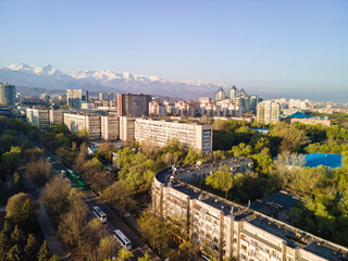 March 26, 2023 Almaty, Kazakhstan. Urban landscape from a height . Aerial view of the city.