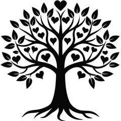 Tree with Heart Shaped Fruits and Leaves in Black and White Colors