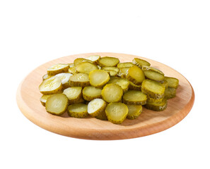 chopped pickled cucumbers on a cutting board  isolated on a white background.