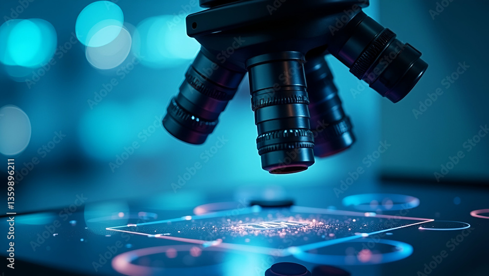 Poster flat microscope image of modified dna strands displayed on advanced digital equipment within a biote