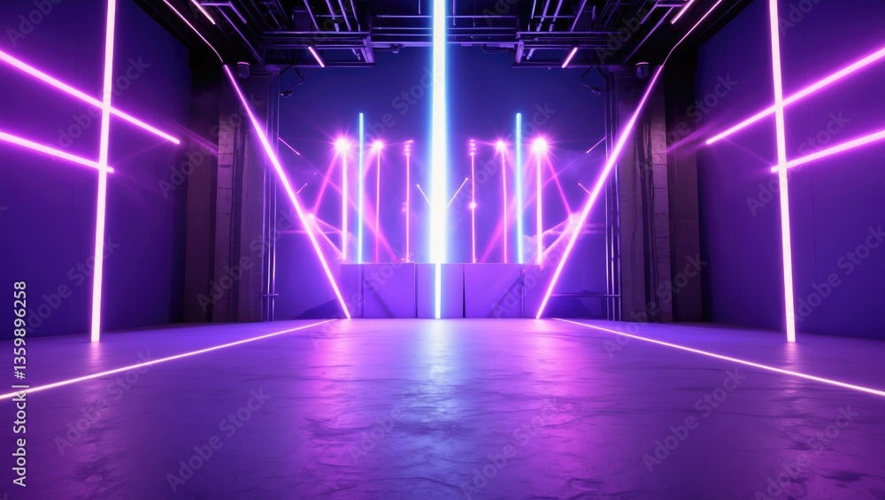 Poster a purple backdrop for a stage featuring neon beams and lights. the scene presents an abstract neon b