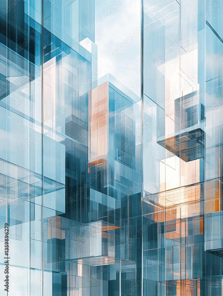 Poster multiple exposure of modern abstract glass architectural forms. generative ai
