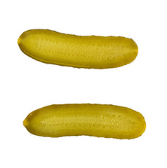 halved pickled cucumber isolated on a white background, top view.