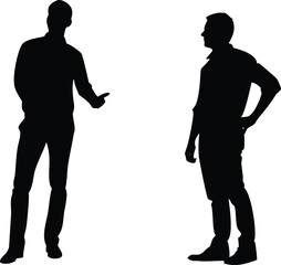Two Men Black Silhouettes, Standing, Casual Clothing, Conversation, White Background