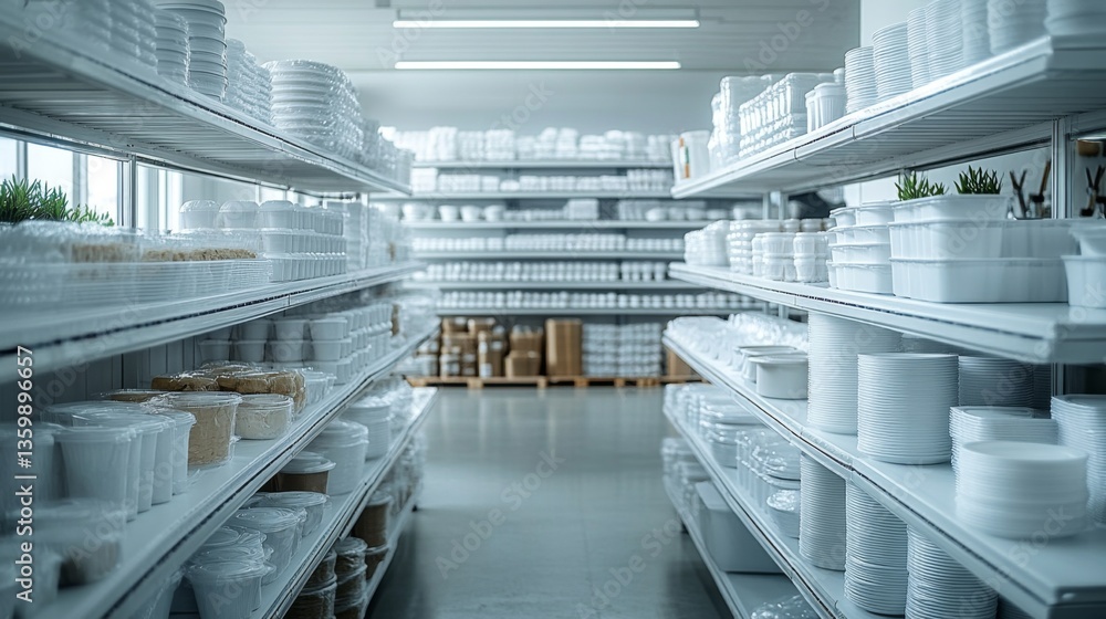 Poster rows of shelves display neatly arranged packaging materials and tableware in a logistics warehouse f