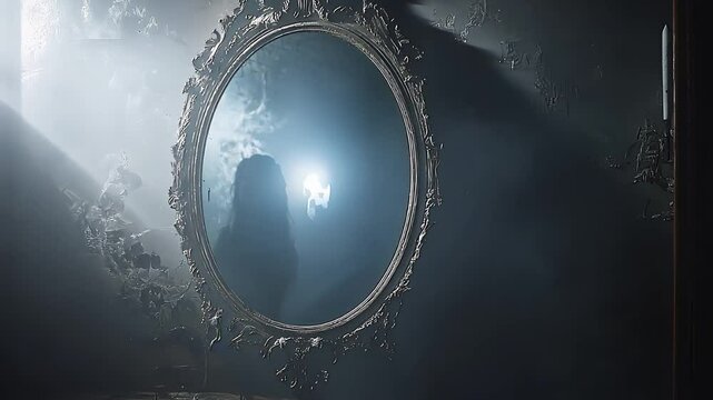 Mysterious Silhouette in Glowing Mirror with Fog for Horror Mystery Projects
