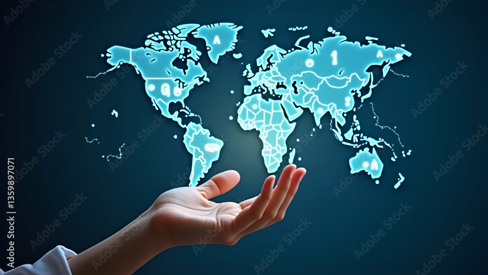 Poster flat hand interacting with holographic beach resorts map for family trips with empty space backgroun