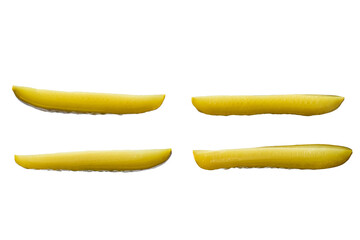 pickled cucumbers cut into sticks isolated on a white background.