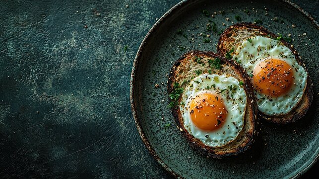Sunny-side up eggs on toast, dark background, breakfast food photography