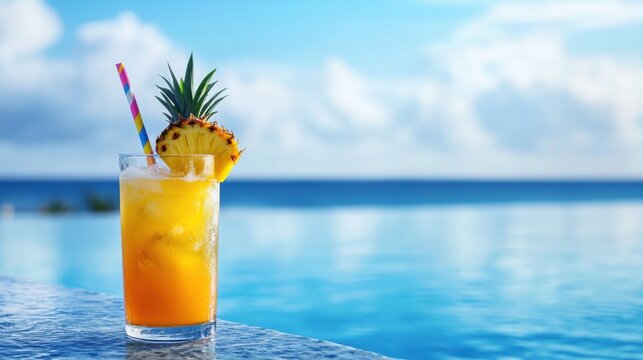 Close-up of a cocktail on the edge of a pool with a beautiful sea view – perfect for beach vacations, tropical drinks, refreshing beverages, and summer relaxation in a stunning outdoor setting