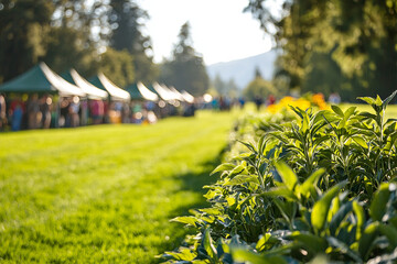 vibrant community event showcasing eco conscious initiatives with lush greenery and tents in background