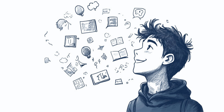 A boy is looking up at a white background with a lot of drawings of books, papers, and other things. Scene is one of curiosity and wonder, as the boy seems to be pondering the many ideas