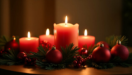 Elegant Candle Surrounded by Festive Holiday Decorations: Create a Warm Cozy Ambiance for Your Holiday Marketing and Decor Concept with Stunning Photo Stock and Space for Customization