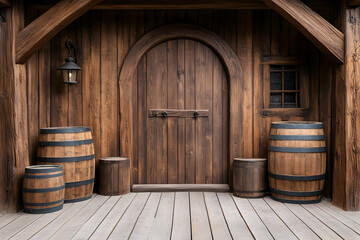 Rustic wooden house entrance with barrels