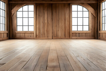 Rustic wooden room interior, empty space, arched windows, wooden floor, design background