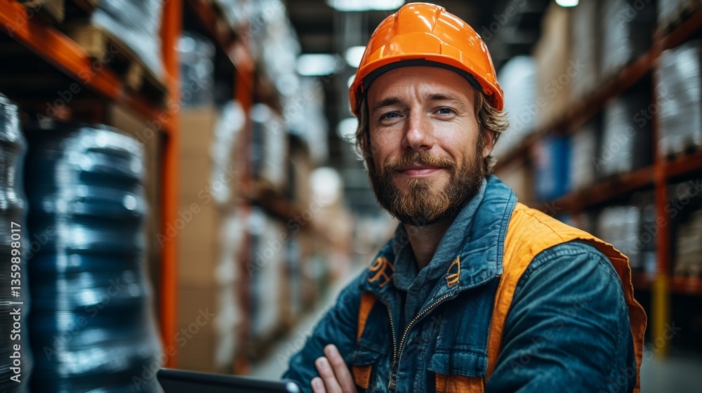 Poster in a bustling warehouse, a logistics employee wearing a hard hat stands with crossed arms, overseein
