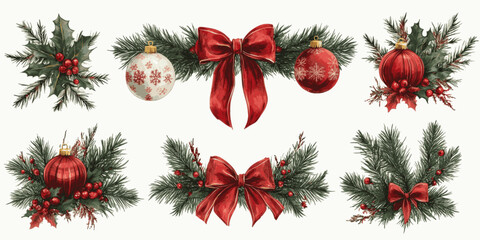A set of six Christmas tree decorations, including a red bow, are displayed on a white background