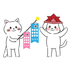 （こどもの日）折り紙の兜をかぶるイヌと鯉のぼりを持つネコのイラスト