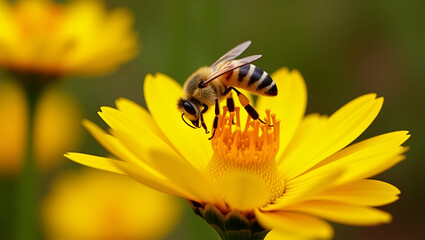 Flat Bee Collecting Nectar from Yellow Chrysanthemum Flowers in Autumn Garden: A Cute Vector Illustration Showcasing Pollination and Nature's Cycle in a Smart Business Tone