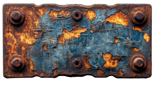 Rusting Metal Texture: A close-up view reveals a detailed, textured surface of a rusted metal plate with peeling blue paint and visible bolt heads, showcasing the effects of time and decay.