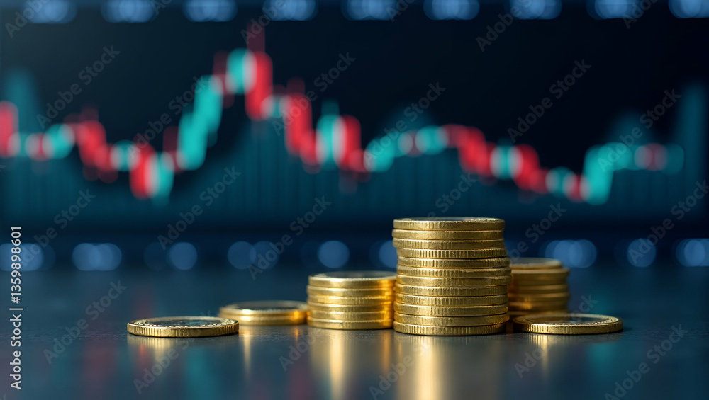 Poster stacked gold coins reflecting on table with financial stock market graph background concept as stack